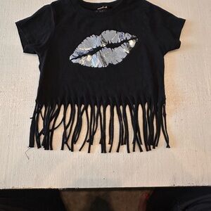 Designer From Denny’s! Trendy Kids Black Fringe Tee with Metallic Lip Design